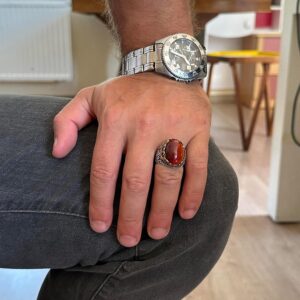 Gerçek Doğal Akik Taş El Yapımı Yüzük - 925 Ayar Gümüş El Yapımı Yüzük - Şık Yüzük - Görsel 3