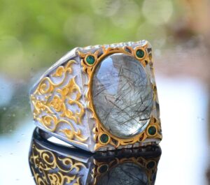 Gerçek Doğal Rutilatlı Kuvars Taşı Yüzük, 925 Ayar Gümüş Yüzük Erkekler İçin, Sultan Erkek Yüzüğü - Görsel 5