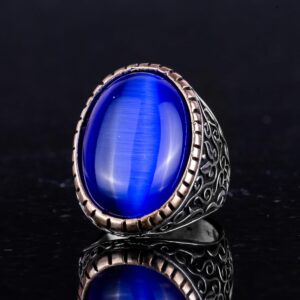 925 Ayar Gümüş Erkek Yüzük, Büyük Yüzük (Koyu Mavi Kedi Göz Oluşturulmuş Taş) - Görsel 6