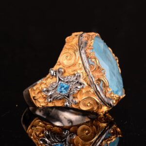 925 Ayar Gümüş Yüzük, Paraiba Yapay Taşlı Erkek Gümüş Yüzük - Görsel 6