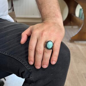 Doğal Cabochon Amazonit Taş Yüzük, Sürekli 925K Katı Gümüş Erkek Yüzüğü - Süleyman Mührü Gümüş Yüzük - Görsel 3