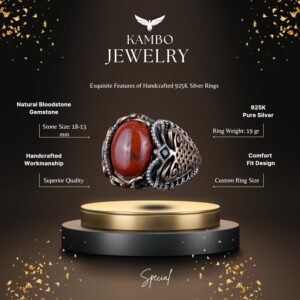 Gerçek Doğal Kırmızı Kan Taşı Yüzük, 925 Ayar Sert Gümüş Yüzük Erkekler için - Görsel 6