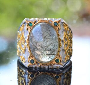 Gerçek Doğal Rutilatlı Kuvars Taşı Yüzük, 925 Ayar Gümüş Yüzük Erkekler İçin, Sultan Erkek Yüzüğü - Görsel 3