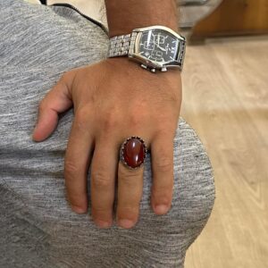 Gerçek Doğal Taş Yüzük - Gül Desenli Yüzük - 925 Ayar Gümüş Yüzük - El Yapımı Büyük Yüzük (Kırmızı Akik) - Görsel 3