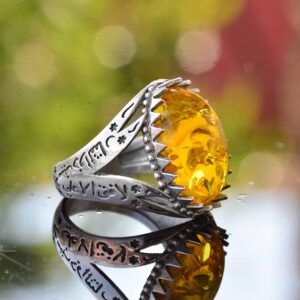İslami Yüzük, Erkekler için 925K Katı Gümüş Yüzük, Yapay Amber Taşı Yüzüğü - Görsel 4