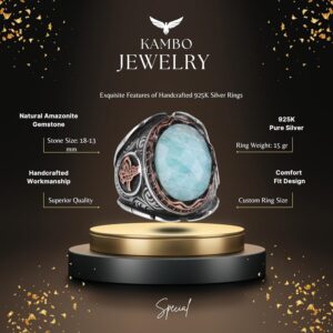 Osmanlı Tuğra Gümüş Yüzük, Doğal Taş Yüzük, 925 Ayar Gümüş Yüzük (Amazonit) - Görsel 2