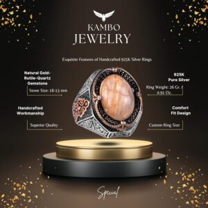 925 Ayar Katı Gümüş Erkek Yüzük - Gerçek Doğal Cabochon Altın Rutilat Kuvars Taş Yüzük - Görsel 2