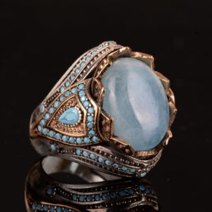 Gerçek Doğal Akuamarin Taşlı Yüzük, El Yapımı Şık Yüzük, 925 Ayar Gümüş Yüzük Erkekler İçin - Görsel 4