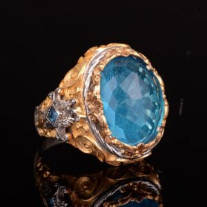 Gümüş Erkek Kral Büyük Yüzük, Yapay Mavi Topaz Taşı, Altın Kaplama - Görsel 5