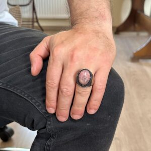 Gerçek Doğal Rodonit Taş Yüzük, Gümüş Süleyman Mühürü Yüzüğü, 925 Ayar Katı Gümüş Erkek Yüzüğü - Görsel 3