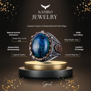 Gümüş Doğal Azurit Taş Yüzük, 925 Ayar Sert Gümüş Erkek Yüzüğü, İçgörü ve Netlik Tasarımı - Görsel 6