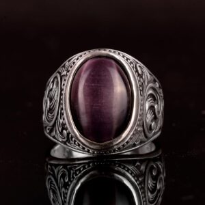 Gerçek Doğal Ametist Kedi Gözlü Taş Yüzük - 925 Ayar Gümüş Erkek Yüzük - Koruyucu ve Sezgisel Tasarım - Görsel 2