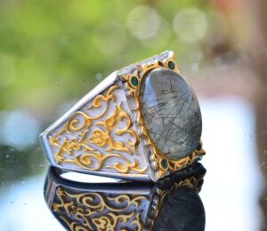 Gerçek Doğal Rutilatlı Kuvars Taşı Yüzük, 925 Ayar Gümüş Yüzük Erkekler İçin, Sultan Erkek Yüzüğü - Görsel 4