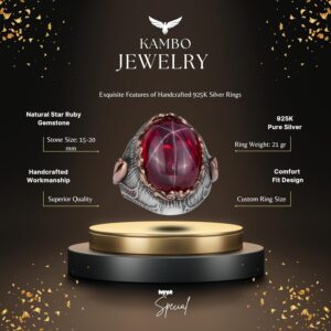 Doğal Yıldız Yakutu Taşlı Gümüş Erkek Yüzük, El Yapımı Yüzük, Sultan Yüzüğü - Görsel 2