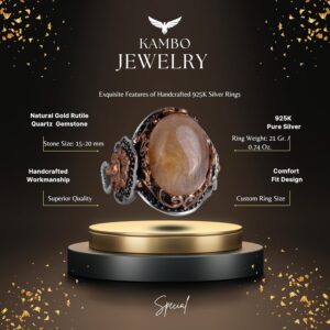 Gerçek Doğal Cabochon Altın Rutile Kuvars Taşı Yüzüğü, 925K Katı Gümüş Erkek Yüzüğü, Aslan Başı Yüzüğü - Görsel 2