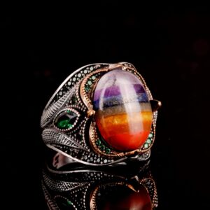 Gökkuşağı Taşlı Gümüş Yüzük, Çok Renkli Yüzük, 925 Ayar Gümüş Erkek Yüzük - Görsel 4