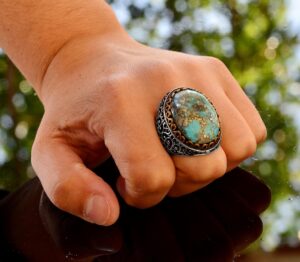 925 Ayar Gümüş Gerçek Arizona Turkuaz Taşlı Erkek Yüzük - Büyük İfadeli Taşlı Takı - Görsel 7