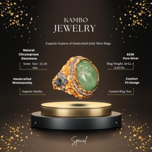 Gerçek Doğal Kriyospras Taşlı Yüzük, Sterlin Gümüş Erkek Yüzüğü, Altın Kaplama - Görsel 2