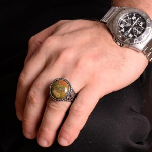 925 Ayar Gümüş Yüzük, Gerçek Doğal Malahit Taş Yüzük, Yuvarlak Erkek Yüzüğü - Görsel 4