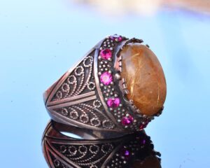 Doğal Altın Rutilat Kuvars ve Yakut Aksesuarlı - 925 Ayar Gümüş Erkek Yüzük - Görsel 4