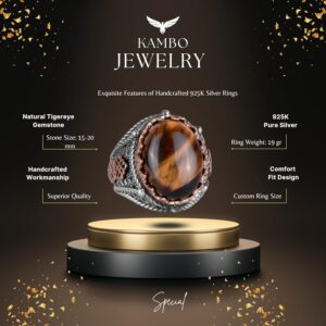 El Yapımı Kaplan Gözlü Doğal Taş Yüzük, 925K Katı Gümüş Erkek Yüzüğü, Cesur Tasarım - Görsel 7