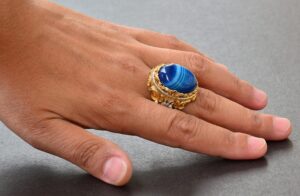 Doğal Mavi Akik Taş Erkek Yüzüğü, Altın Kaplama 925 Ayar Gümüş Yüzük, El Yapımı Gümüş Yüzük - Görsel 6