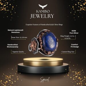 Doğal Lapis Lazuli Taş Yüzük, Aslan Başı Erkek Yüzüğü - Kraliyet 925K Katı Gümüş Erkek Yüzüğü - Bilgelik ve Gerçek Tasarımı - Görsel 2