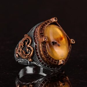 925 Ayar Gümüş Erkek Yüzük, Kehribar Taşlı Yüzük, Gerçek Doğal Kehribar Taşlı Yüzük - Görsel 4