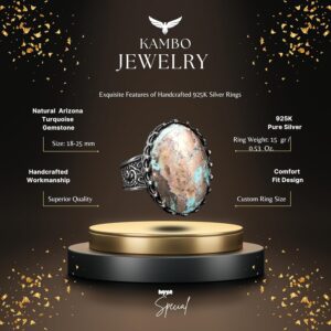 Gerçek Doğal Arizona Turkuaz Taş Yüzük, El Yapımı Yüzük, 925 Ayar Gümüş Yüzük Erkekler İçin, Büyük Yüzük - Görsel 2