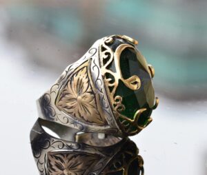 925 Ayar Sert Gümüş Erkek Yüzük, Yapay Zümrüt Taşlı Yüzük, Etnik Tasarım, Erkek Yüzük - Görsel 4