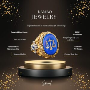 Mavi Taş Erkek Yüzük, Altın Kaplama 925 Ayar Gümüş Terazi Tasarımı - Görsel 2