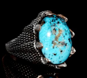 Gümüş Erkek Yüzük - Arizona Turkuaz Doğal Taş - Şahin Pençesi Tasarımı (Model-1) - Görsel 3