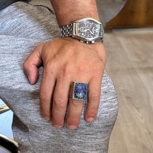 Gerçek Doğal Sodalit Taş Yüzük - 925 Ayar Gümüş İslami Yüzük - El Yapımı Hat Yüzük - Görsel 3