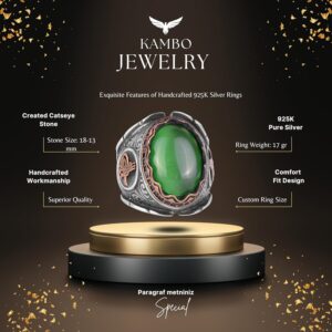 Yeşil Catseye Yapay Taş Yüzük, Osmanlı Tugra Gümüş Yüzük, 925 Ayar Gümüş Yapay Taş Yüzükler - Çeşitli ve Farklı Koleksiyon - Görsel 2