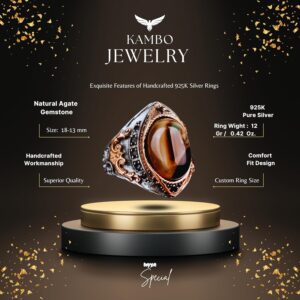 Sterling Gümüş Erkek Yüzük, Gerçek Doğal Akik Taşı Yüzük - Görsel 2