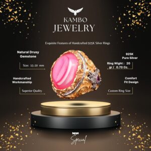 Gümüş Erkek Altın Kaplama Yüzük, Gerçek Kristal Druzy Kuvars Pembe Doğal Taş - Görsel 2