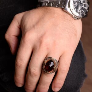 Gerçek Doğal Granat Taşlı Yüzük, 925 Ayar Saf Gümüş Yüzük Erkekler İçin - Görsel 3