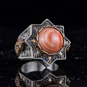 Sterling Gümüş Akik Taş Yüzük, Doğal Kırmızı Akik Erkek Yüzüğü, Vintage Yıldız Tasarımı - Görsel 3