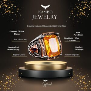 925 Ayar Gümüş Erkek Yüzük, Oval Taş Yüzük, Oluşturulmuş Sitrin Yüzük - Görsel 2