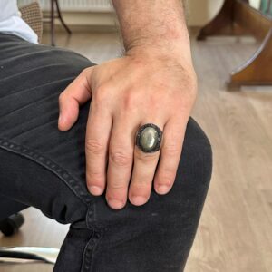 Doğal Pirit Taşlı Yüzük, Süleyman Mühürü Yüzüğü - 925 Ayar Katı Gümüş Erkek Yüzüğü - Görsel 3