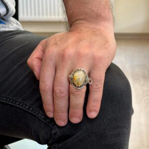 Gerçek Doğal Cabochon Altın Rutile Kuvars Taşı Yüzüğü, 925K Katı Gümüş Erkek Yüzüğü, Aslan Başı Yüzüğü - Görsel 3