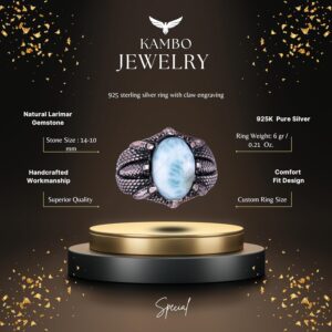 925 Ayar Gümüş Erkek Yüzük, Doğal Taşlı, El Yapımı Vintage Tasarım Pençeli Yüzük (Larimar) - Görsel 2