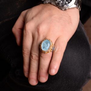 925 Ayar Gümüş Yüzük, Paraiba Yapay Taşlı Erkek Gümüş Yüzük - Görsel 3