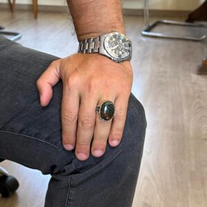 Gerçek Doğal Taş Yüzük - 925 Ayar Gümüş Büyük Yüzük - El Yapımı Yüzük (Yeşil kan taşı) - Görsel 3