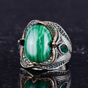 Gerçek Doğal Malakit Taş Yüzük - 925 Ayar Gümüş El Yapımı Yüzük - Taş Takı - Görsel 6
