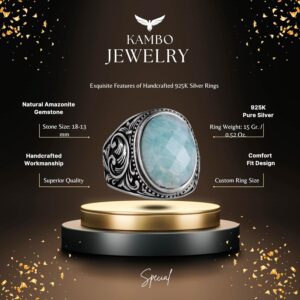 Şık El Yapımı Doğal Amazonit Taş Yüzük - 925 Ayar Gümüş Yüzük Erkekler İçin - Görsel 2