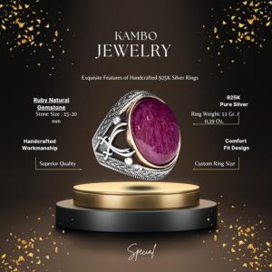 Gerçek Doğal Taş Yüzük - Gümüş Erkek El Yapımı Kılıç Yüzük (Cabochon Kırmızı Yakut) - Görsel 2