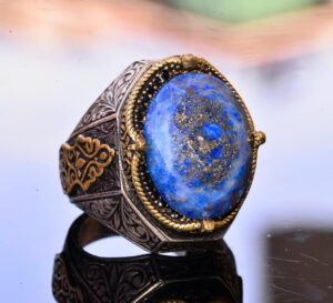 El Yapımı Vintage Tasarım Zümrüt Yüzük - 925 Ayar Gümüş Erkek Yüzük Altın Vurgularla (Sodalit) - Görsel 3