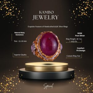 Gerçek Doğal Taş Yüzük - Erkekler İçin Sultan Yüzüğü - Altın Kaplama 925 Ayar Gümüş Yüzük - El Yapımı Yüzük (Yakut) - Görsel 2