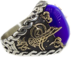 925 Ayar Gümüş Erkek Yüzük - Mavi Kaplan Gözü Taşı ile Osmanlı İmparatorluğu Tuğrası Tasarımı - Görsel 3